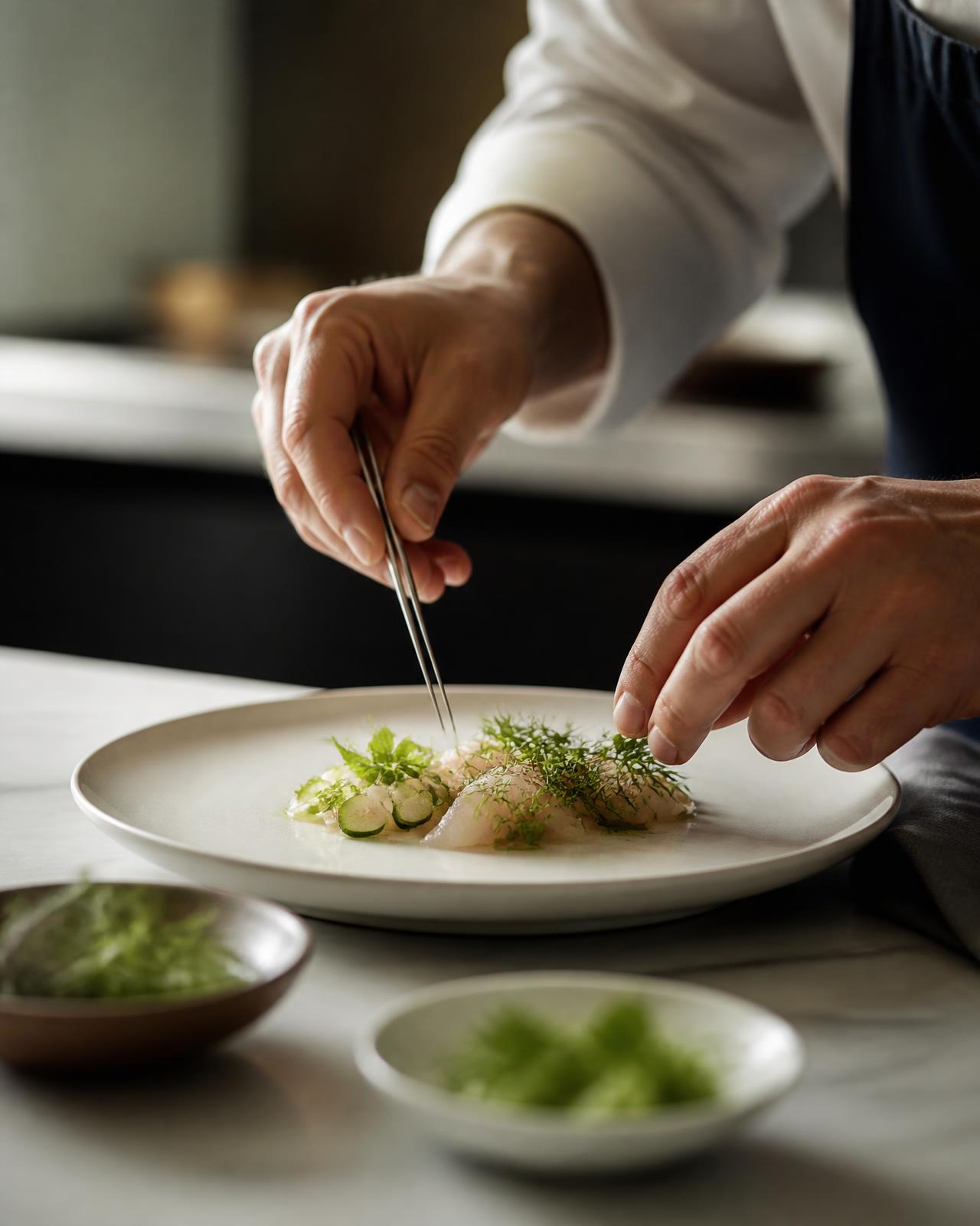 Manos de un cocinero terminando un plato en una cocina tranquila